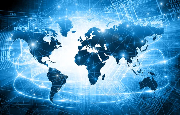 World map on a technological background, glowing lines symbols of the Internet, radio, television, mobile and satellite communications.