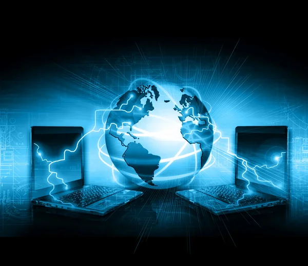 Best Internet Concept of global business. Globe, glowing lines on technological background. Electronics, Wi-Fi, rays, symbols Internet, television, mobile and satellite communications