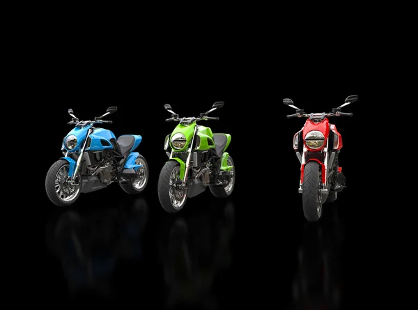 Red, green and blue motorcycles - front view