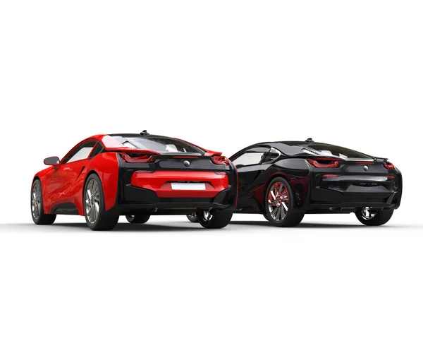 Black and red sports cars - side to side - back view