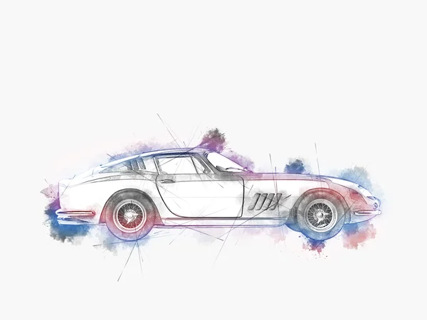 Colorful vintage car - hand drawn line sketch with color splashes