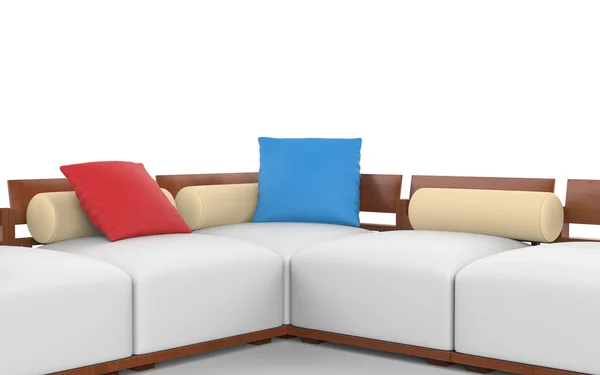 Corner sofa with wooden headrests and white seats