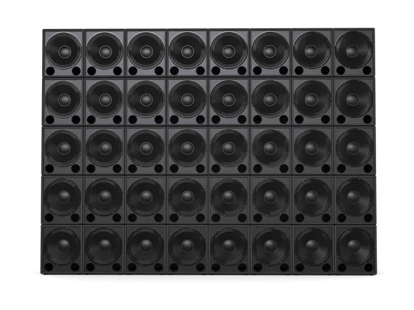Big wall of hifi subwoofer speakers - front view