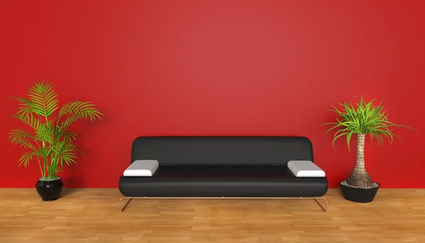 Red lounge room with plants