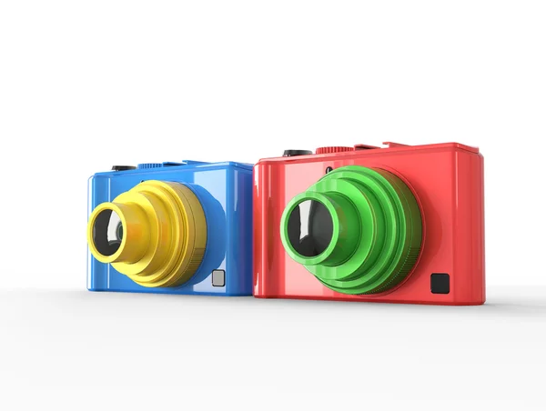 Blue and red compact digital photo cameras