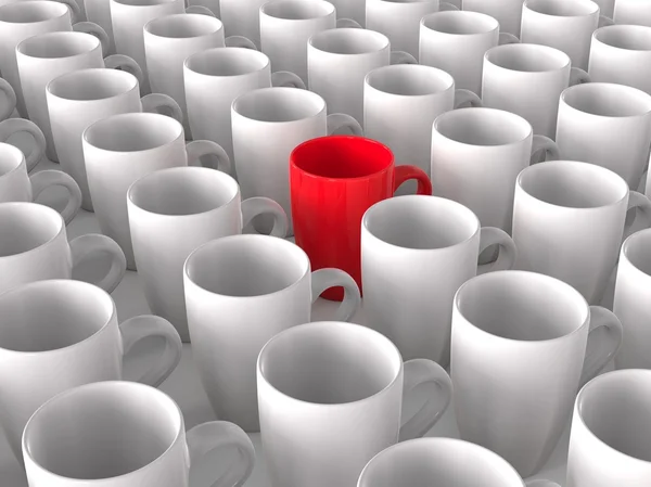 Red coffee mug in crowd of white mugs