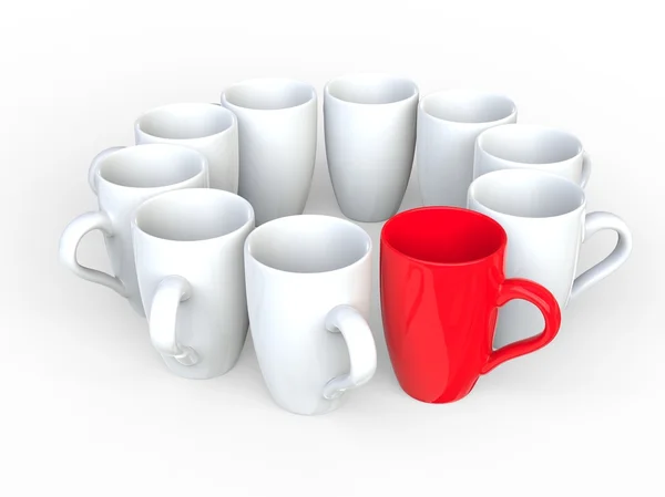 Red coffee mug in a circle of white coffee mugs