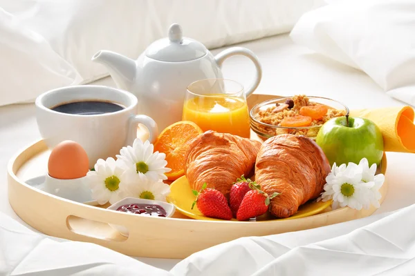 Breakfast tray in bed in hotel room