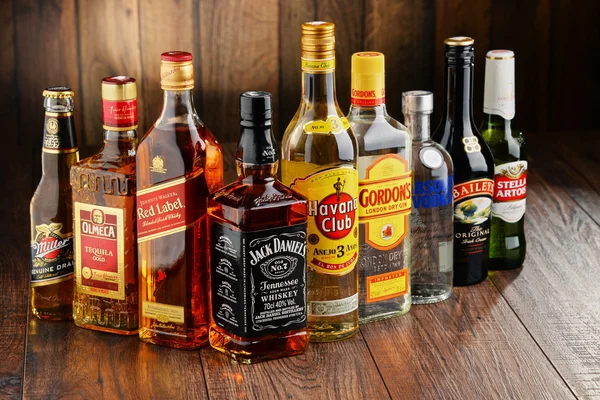Bottles of assorted hard liquor brands