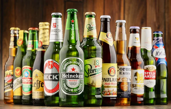 Bottles of assorted global beer brands