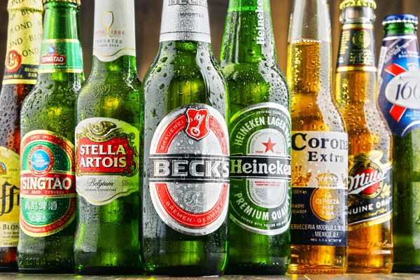 Bottles of assorted global beer brands