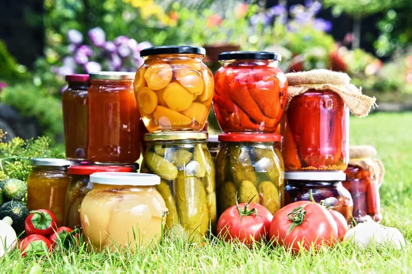 Jars of pickled vegetables and fruits in the garden