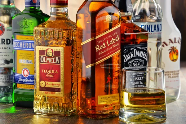 Bottles of assorted hard liquor brands