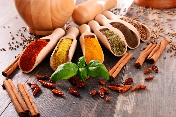 Variety of spices on kitchen table