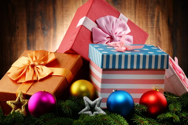 Colorful gift boxes and christmas tree