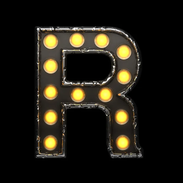 R metal letter with lights. 3D illustration