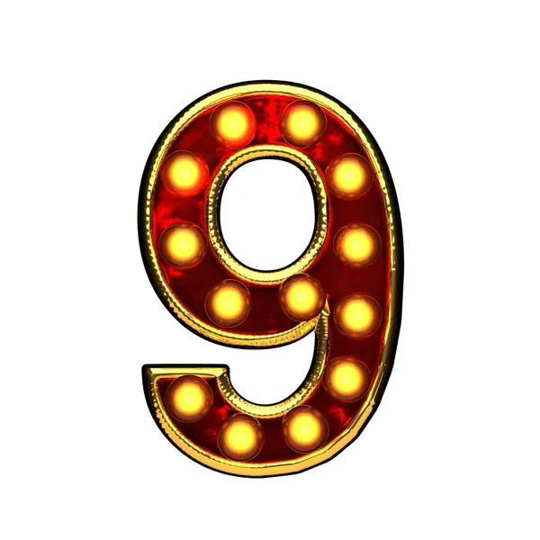 9 isolated golden letter with lights on white. 3d illustration