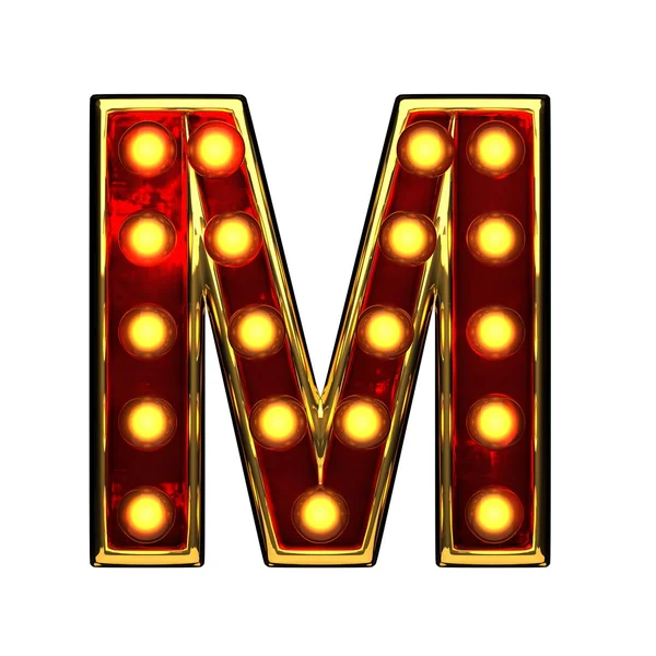 M isolated golden letter with lights on white. 3d illustration