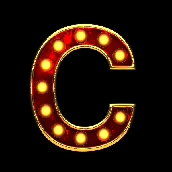 C isolated golden letter with lights on black. 3d illustration