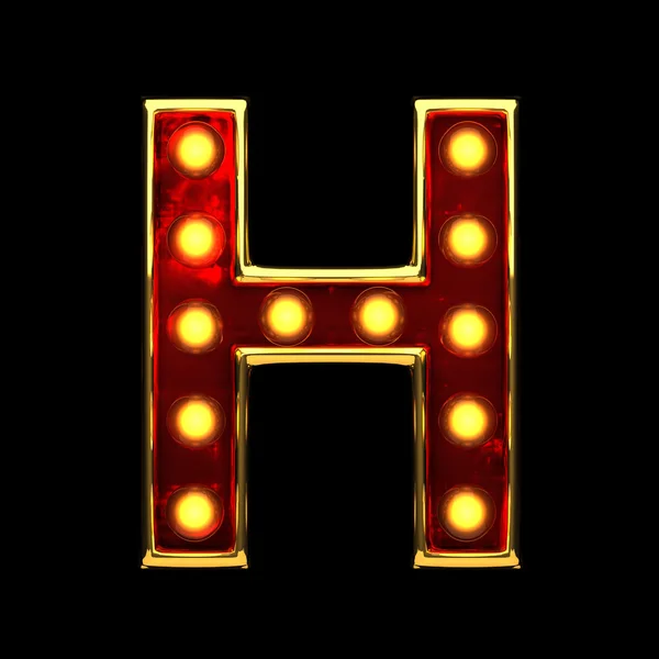 H isolated golden letter with lights on black. 3d illustration