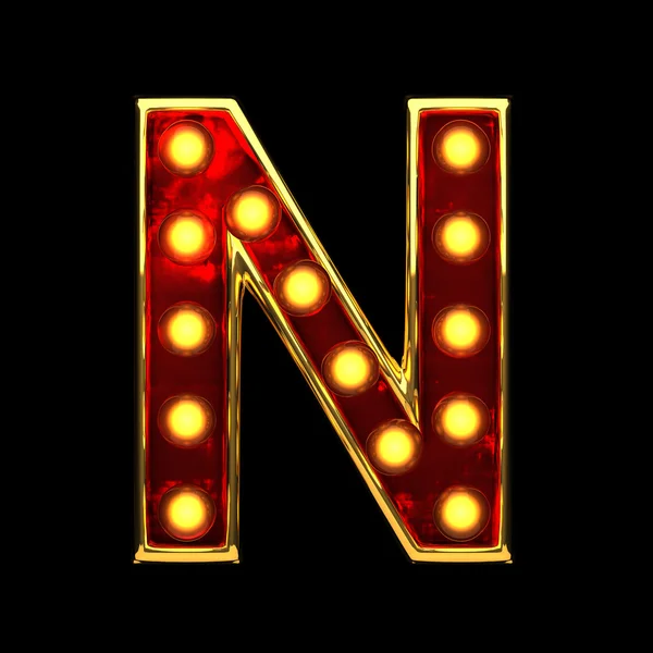 N isolated golden letter with lights on black. 3d illustration