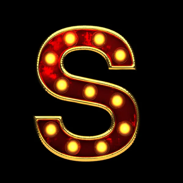 S isolated golden letter with lights on black. 3d illustration