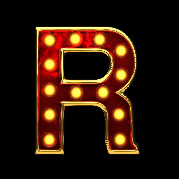 R isolated golden letter with lights on black. 3d illustration