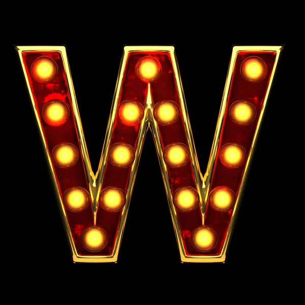 W isolated golden letter with lights on black. 3d illustration