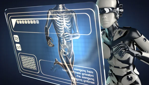 Cyborg woman and hologram display