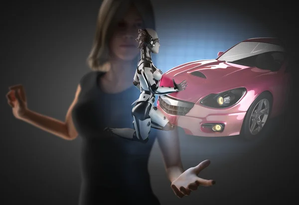 Woman and hologram with sport car