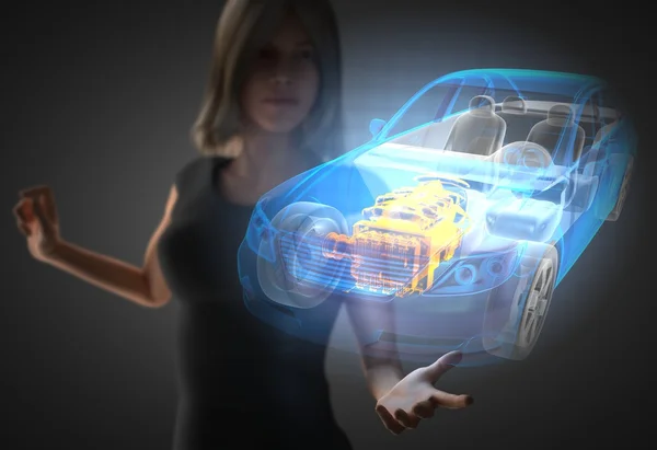 Woman and hologram with sport car