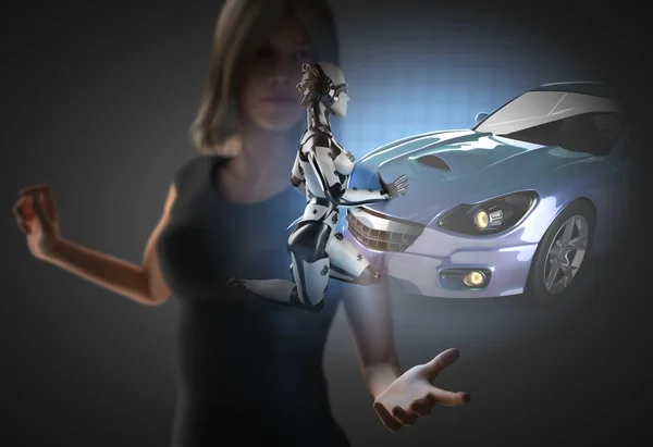 Woman and hologram with sport car