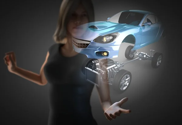 Woman and hologram with sport car