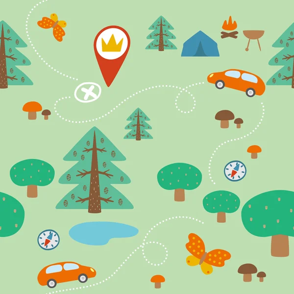 Seamless pattern. Summer outdoor recreation adventure. Scout life, geocaching, search for caches and bookmarks. A trip by car to the forest, picking mushrooms, BBQ, fire, trees, spruce, oak, lake, mushrooms, butterfly, tent, compass. Nature.