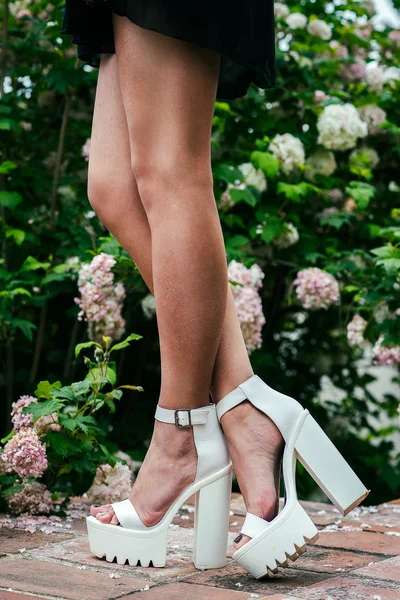 Sexy long woman legs wearing white high heels
