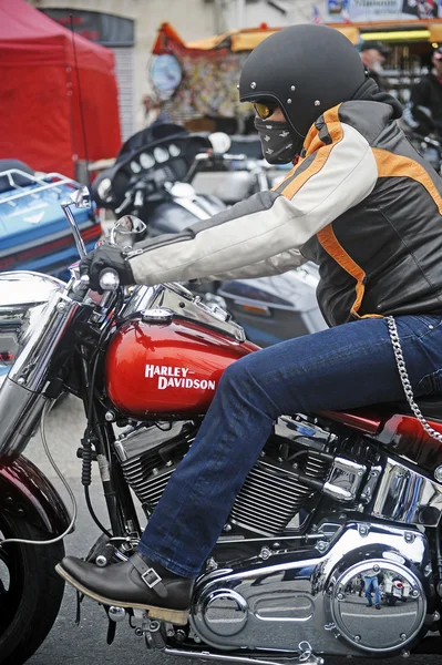 Moving biker on a Harley Davidson with custom art