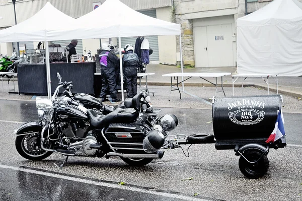 Harley Davidson with a trailer with the brand of Jack Daniel's S