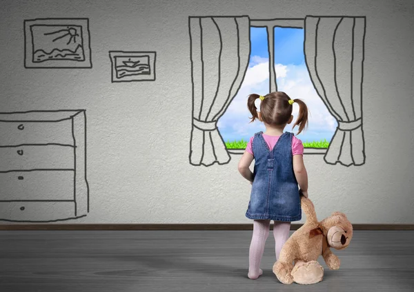 Child girl with toy bear look in drawn window, dream concept