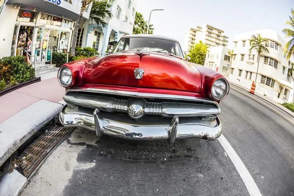 Ford Vintage car parked at Ocean Drive in Miami Beach
