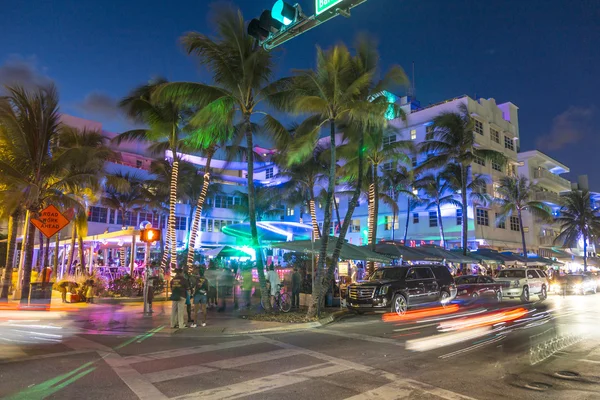 Palm trees and art deco hotels at Ocean Drive