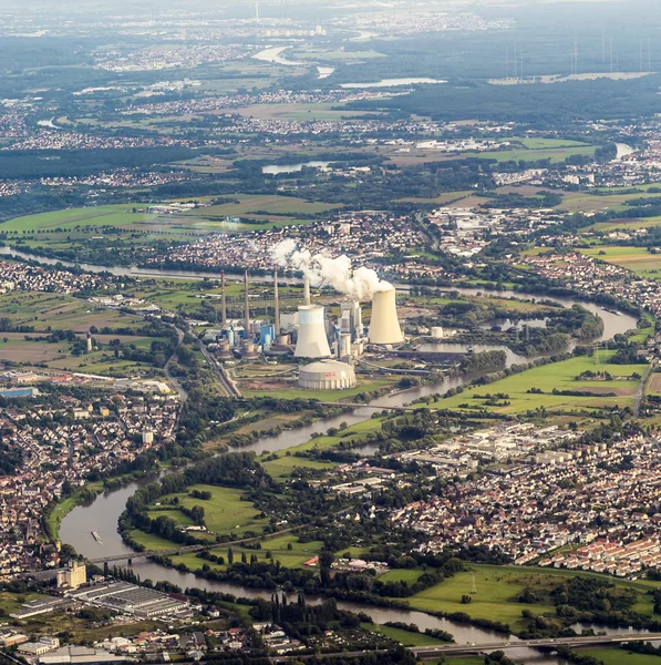 Aerial of Grosskrotzenburg power station, Main river, Germany, H