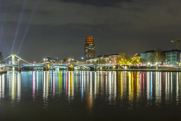 Illuminated  buildings and skyline at night in Frankfurt