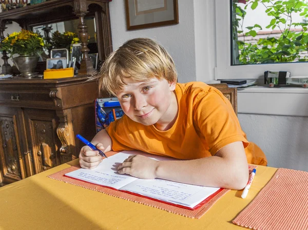 Cute pupil writes in a book and prepares homework