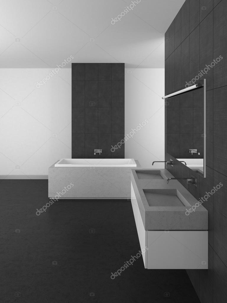 Moderno bagno con piastrelle grigie e pavimento scuro — foto stock ...