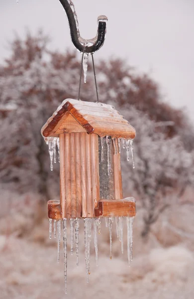 Bird feeder covered in thick layer of ice after an ice storm, with icicles hanging off the roof and the bottom