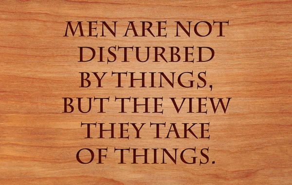 Men are not disturbed by things, but the view they take of things  - quote on wooden red oak background