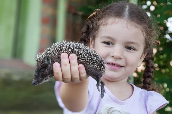Girl holding in hand hedgehog