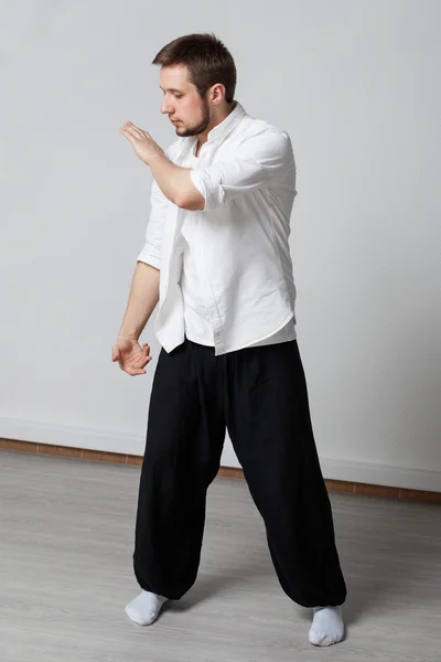 Young man in white shirt and black pants performing tai chi exercise