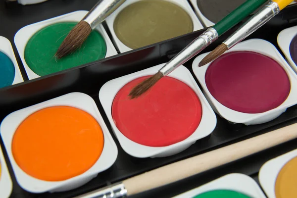 Palette of multicolor watercolor paints with paint brushes