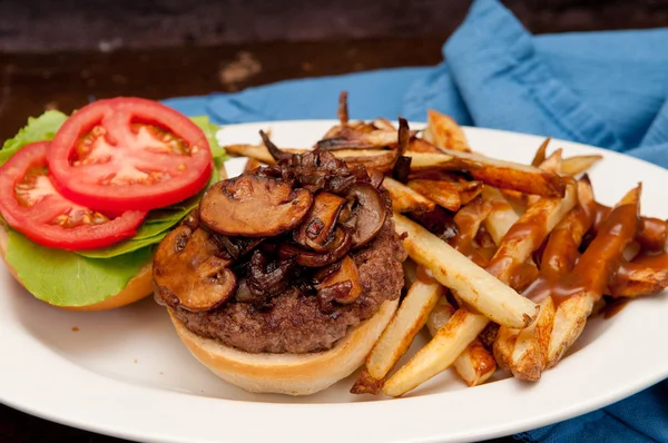 Mushroom burger, fries and gravy